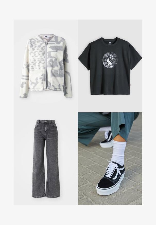 Veste en polaire crème et gris avec fermeture éclair, deux poches avant et une surface douce et texturée arborant un subtil motif abstrait.; T-shirt noir à manches courtes avec un motif de boule disco blanche et grise centré sur le devant, sur un fond clair uni.; Pantalon en denim gris à jambes larges avec une taille haute, doté d'un style à cinq poches traditionnel et d'une finition légèrement délavée.; Baskets en suède noir avec des accents et des lacets blancs, présentant une épaisse semelle blanche et des coutures contrastantes, associées à une chaussette blanche.