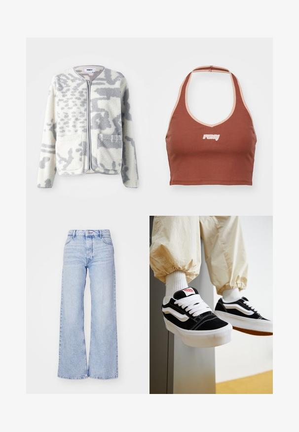 Fleecejakke i crème og grå med lynlås, to forlommer og en blød, struktureret overflade med et subtilt abstrakt mønster.; Brun ribbet crop top med halterneck-design, kontrasterende lyserød kant og "ruby" logo broderet i hvidt foran.; Roxy MILLA - Wide leg - glacier; Person iført sorte og hvide Vans sneakers med hvide snørebånd, hvide sokker og beige bukser med elastiske manchetter.