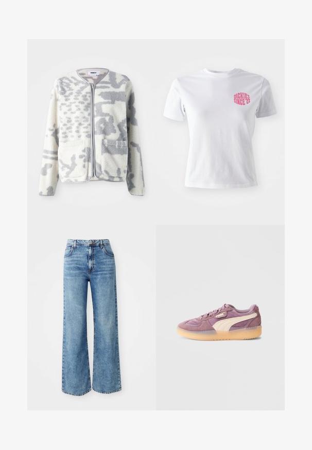 Fleecejakke i crème og grå med lynlås, to forlommer og en blød, struktureret overflade med et subtilt abstrakt mønster.; Hvid bomulds T-shirt med korte ærmer, der har en pink grafik på venstre bryst, som står "DICKIES SINCE '22." Klassisk crew neck design.; Lysblå denim bredbente jeans med høj talje, der har fem lommer, knaplukning øverst og kontrastsyninger langs sømmene.; Lilla ruskindsneaker med en cremefarvet læderstribe, gummisål og polstret krave. Har snørebånd og mærkning på tungen.