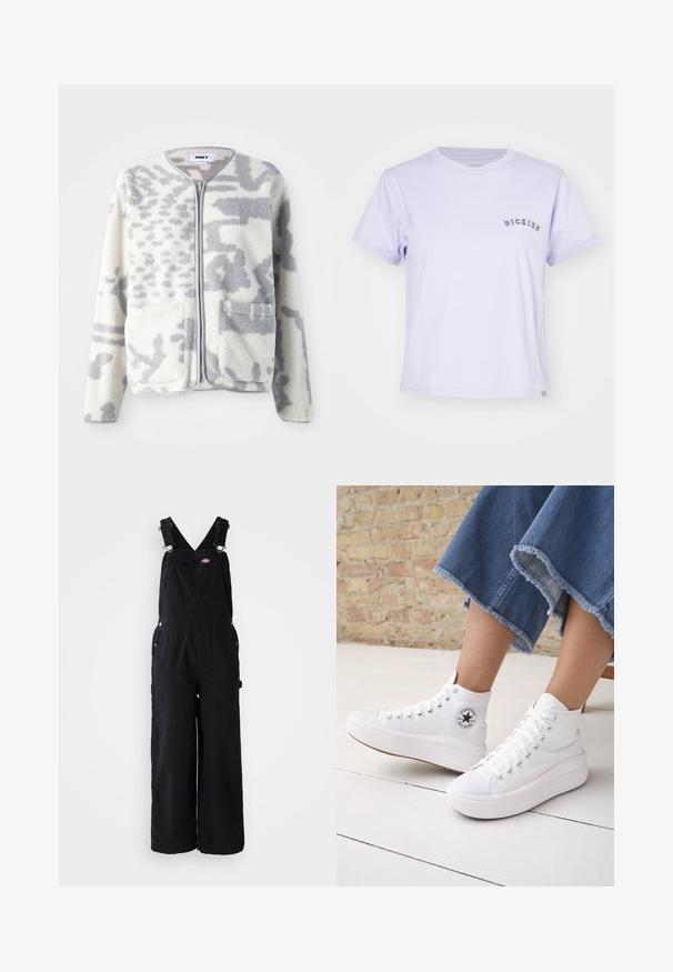 Veste en polaire crème et gris avec fermeture éclair, deux poches avant et une surface douce et texturée arborant un subtil motif abstrait.; T-shirt en coton violet clair avec encolure ras du cou, manches courtes, et le mot "DICKIES" brodé en violet foncé sur la poitrine.; Salopette en denim noir avec des jambes larges, bretelles ajustables, poche avant et accents en métal argenté. Texture lisse, design minimal.; Personne portant des baskets Converse blanches montantes avec des semelles épaisses et un jean bleu court à ourlet effiloché, contre un mur en briques et un sol blanc.