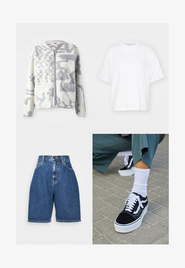 Fleecejakke i crème og grå med lynlås, to forlommer og en blød, struktureret overflade med et subtilt abstrakt mønster.; Hvid bomulds t-shirt med rund hals, korte ærmer og en afslappet pasform. Har et diskret logo på venstre brystområde. Glat tekstur.; Denimshorts i mellemblå med høj talje, med fem lommer og lige ben. Tykkere syninger og en opsmøgede kant.; Sorte ruskinds sneakers med hvide accenter og snørebånd, der har en tyk hvid sål og kontrasterende syninger, parret med en hvid sok.