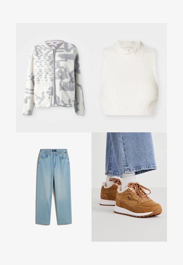 Fleece jacket in crème en grijs met een ritssluiting, twee voorkeurszakken en een zachte, gestructureerde oppervlakte met een subtiel abstract patroon.; Witte geribbelde mouwloze crop top met een hoge hals en subtiele knoopdetail bij de kraag, gemaakt van een gladde, rekbare stof.; Vans CINCHED CHECK - Baggy jeans - light stonewash; Bruine suède sneakers met witte zolen, een voering van schapenvacht en bruine veters. Heeft geperforeerde accenten en een zwart logo op de zijkant.