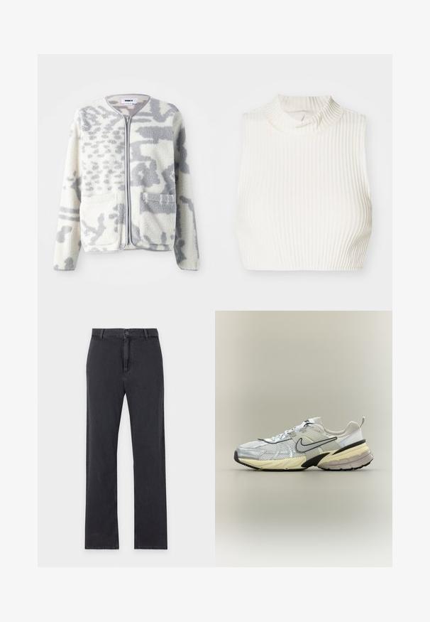 Fleece jacket in crème en grijs met een ritssluiting, twee voorkeurszakken en een zachte, gestructureerde oppervlakte met een subtiel abstract patroon.; Witte geribbelde mouwloze crop top met een hoge hals en subtiele knoopdetail bij de kraag, gemaakt van een gladde, rekbare stof.; Zwarte jeans met rechte pijpen, knoop- en ritssluiting aan de voorkant, riemlussen en klassiek ontwerp met vijf zakken, plat gelegd op een witte achtergrond.; Witte en grijze Nike sneaker met mesh bovenwerk, zwarte swoosh, beige tussenzool en zwarte buitenzool op een lichte achtergrond.