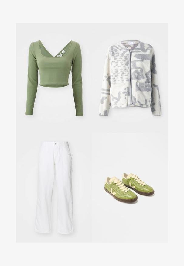 Fleecejakke i crème og grå med lynlås, to forlommer og en blød, struktureret overflade med et subtilt abstrakt mønster.; Khaki grøn, langærmet cropped top med ribbet tekstur og bred udskæring. Mærker synlige ved kraven.; Hvide bomuldsbukser med lige ben-design, der har en knaplukning, sidelommer og en afslappet pasform. Glat tekstur.; Par af lave sneakers i lysegrøn med cremefarvede snørebånd, beige hælflig og mørkebrun sål på hvid baggrund.