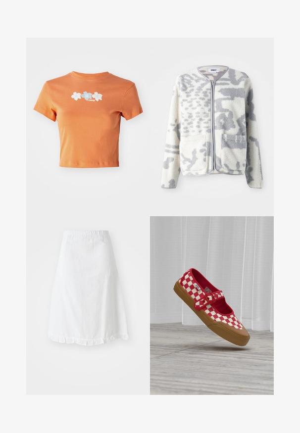 Veste en polaire crème et gris avec fermeture éclair, deux poches avant et une surface douce et texturée arborant un subtil motif abstrait.; T-shirt orange court en coton avec des manches courtes, décoré de fleurs brodées blanches et bleu clair sur le devant.; Jupe blanche avec taille élastique, présentant un motif texturé et un ourlet festonné en bas. Design simple en A.; Chaussure slip-on à damier rouge et blanc avec une semelle en caoutchouc marron et une bride à boucle rouge, flottant au-dessus d'un sol en bois avec des rideaux blancs en arrière-plan.