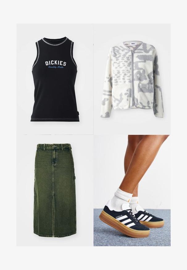 Fleece jacket in crème en grijs met een ritssluiting, twee voorkeurszakken en een zachte, gestructureerde oppervlakte met een subtiel abstract patroon.; Zwarte mouwloze tanktop met grijze stiksels. Voorzien van het "DICKIES" logo in wit en blauw. Gemaakt van een gladde, rekbare stof.; Groene denim rok met een middellange snit, een voorklep, knoopsluiting en riemlussen. De textuur is licht vervaagd, met zijzakken.; Ben met witte sokken en zwarte Adidas Gazelle sneakers met witte strepen en dikke bruine zolen op een grijs tapijt.