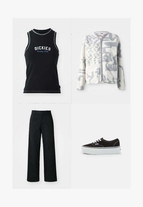 Fleecejakke i crème og grå med lynlås, to forlommer og en blød, struktureret overflade med et subtilt abstrakt mønster.; Sort ærmeløs tanktop med grå syninger. Har "DICKIES" logo i hvid og blå. Lavet af et glat, strækbart stof.; Sorte vide bukser med flad front, knaplukning og bæltestropper. Fremstillet af holdbart stof med en glat tekstur.; Sort lærred sneakers med en hvid gummi platform sål, der har hvide snørebånd og syninger, ikonisk branding på siden, lav-top design.