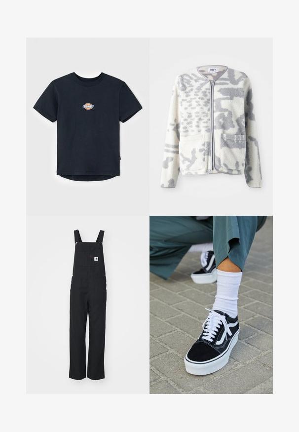 Fleecejakke i crème og grå med lynlås, to forlommer og en blød, struktureret overflade med et subtilt abstrakt mønster.; Sort bomulds t-shirt med korte ærmer, rund hals og et lille flerfarvet logo på brystet. Lige kant med en let længere ryg.; Sorte stofbukser med justerbare skulderstropper, frontlomme og sideknapper. Lige ben-design, glat tekstur, minimalistisk stil.; Sorte ruskinds sneakers med hvide accenter og snørebånd, der har en tyk hvid sål og kontrasterende syninger, parret med en hvid sok.