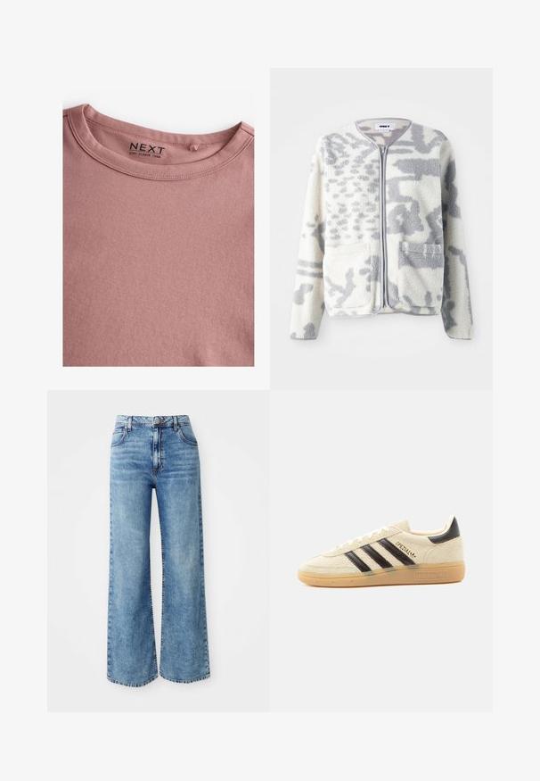Chaqueta de forro polar en crema y gris con cierre de cremallera, dos bolsillos frontales y una superficie suave y texturizada con un sutil patrón abstracto.; Camiseta de manga larga en color rosa polvoriento, hecha de algodón suave, con un sencillo cuello redondo y una textura lisa. La etiqueta dice "NEXT."; Jeans de mezclilla anchos de color azul claro con cintura alta, que cuentan con cinco bolsillos, cierre de botón en la parte superior y costuras en contraste a lo largo de las costuras.; Zapatilla de ante color crema con rayas negras, suela de goma, lengüeta negra en el talón y texto dorado "SPEZIAL" en el lateral.