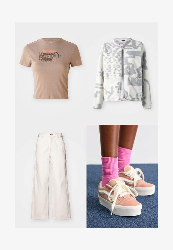 Fleecejacke in Creme und Grau mit einem Reißverschluss, zwei Vorderseiten Taschen und einer weichen, strukturierten Oberfläche mit einem dezenten abstrakten Muster.; Braunes Baumwoll-T-Shirt, kurze Ärmel, Rundhals. Auf der Vorderseite ist ein "PARADISE"-Grafik in Orange mit Landschafts- und Palmen-Design.; Weite weiße Denim-Hosen mit roter Naht, hohen Taillenbund, vorderem Knopfverschluss und seitlichen Taschen. Strukturiertes Baumwollgewebe.; Rosafarbene Wildledersneaker mit weißen Akzenten, ausgestattet mit einer gepolsterten Zunge, weißen Schnürsenkeln und kombiniert mit gerippten rosa Socken auf einer blauen Teppichoberfläche.
