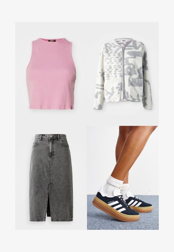 Chaqueta de forro polar en crema y gris con cierre de cremallera, dos bolsillos frontales y una superficie suave y texturizada con un sutil patrón abstracto.; Top corto de canalé rosa con cuello redondo y diseño sin mangas. Presenta un dobladillo que termina justo por encima de la cintura.; Falda midi de mezclilla negra deslavada de talle alto, con abertura frontal, pasadores para cinturón y diseño clásico de cinco bolsillos.; Piernas con calcetines blancos y zapatillas Adidas Gazelle negras con rayas blancas y suelas marrones gruesas sobre un suelo alfombrado gris.