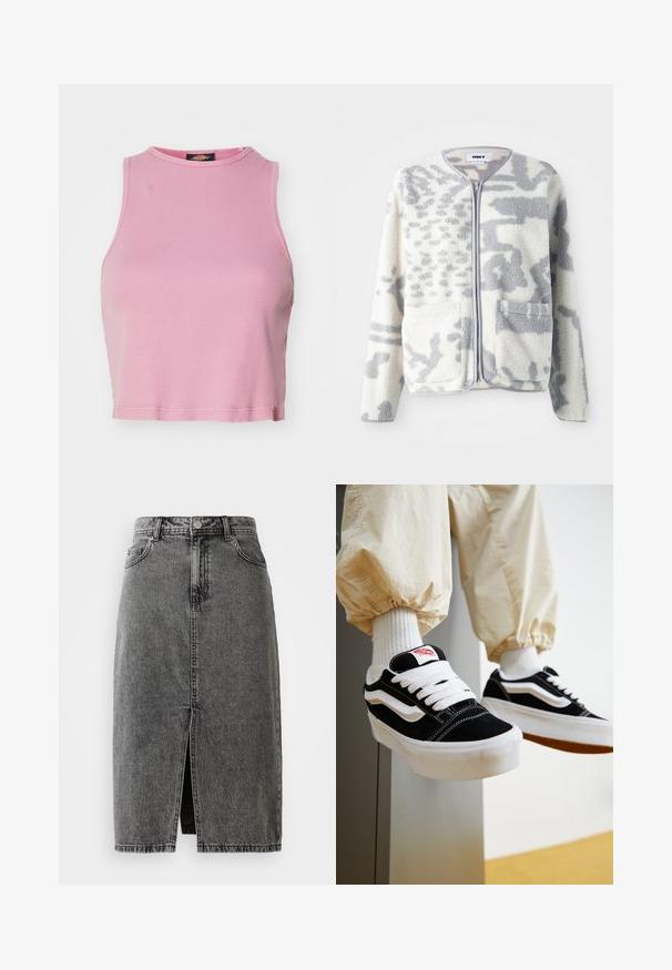 Fleecejacke in Creme und Grau mit einem Reißverschluss, zwei Vorderseiten Taschen und einer weichen, strukturierten Oberfläche mit einem dezenten abstrakten Muster.; Rosa gerippter Cropped-Top mit rundem Halsausschnitt und ärmellosem Design. Besitzt einen Saum, der knapp über der Taille endet.; Hochgeschnittene, ausgebleichte schwarze Denim-Midirock mit vorderem Schlitz, Gürtelschlaufen und klassischem Fünf-Taschen-Design.; Person, die schwarz-weiße Vans-Sneaker mit weißen Schnürsenkeln, weißen Socken und beigen Hosen mit elastischen Bündchen trägt.