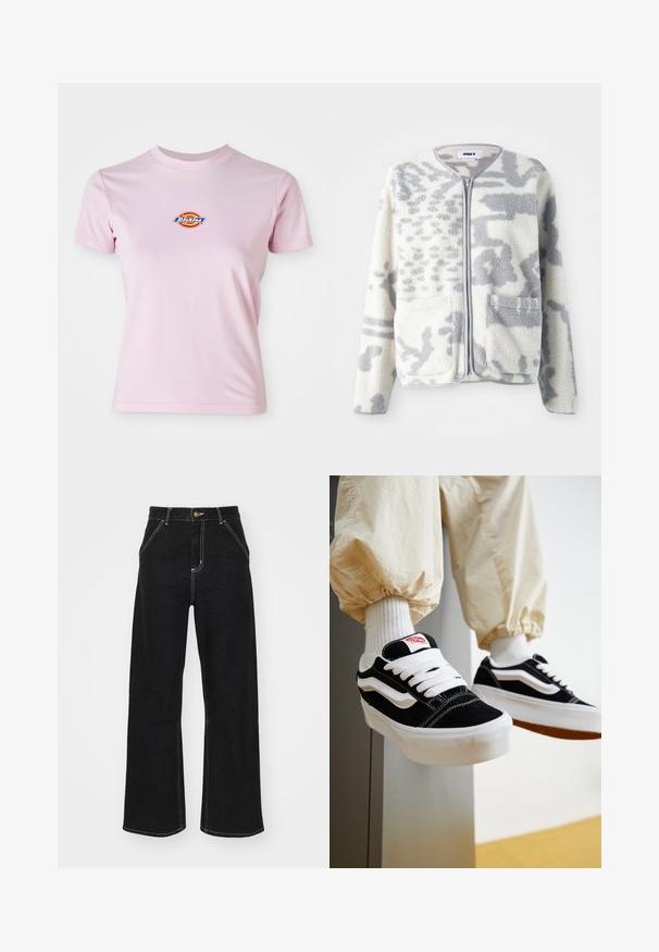 Fleecejacke in Creme und Grau mit einem Reißverschluss, zwei Vorderseiten Taschen und einer weichen, strukturierten Oberfläche mit einem dezenten abstrakten Muster.; Rosa Baumwoll-T-Shirt mit kurzen Ärmeln, Rundhalsausschnitt und einem kleinen runden Logo in Rot, Gelb und Blau auf der Brust.; Schwarze Jeans mit weitem Bein aus Denim. Verfügt über kontrastierende weiße Nähte, Vordertaschen und einen Knopfverschluss in der Taille.; Person, die schwarz-weiße Vans-Sneaker mit weißen Schnürsenkeln, weißen Socken und beigen Hosen mit elastischen Bündchen trägt.