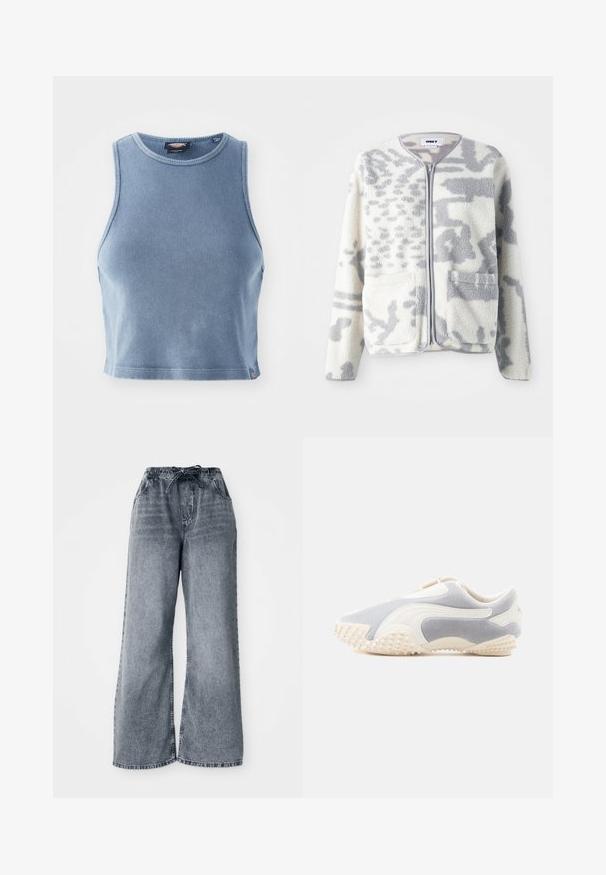 Fleecejacke in Creme und Grau mit einem Reißverschluss, zwei Vorderseiten Taschen und einer weichen, strukturierten Oberfläche mit einem dezenten abstrakten Muster.; Helles blaues, geripptes Crop-Top mit Rundhalsausschnitt und ärmellosem Design. Glatte Textur und ein kleines Logodetail am Saum.; Graue weit geschnittene Jeanshose aus Denim mit elastischem Bund, Kordelzugverschluss und Seitentaschen. Ausgeblichener Stoff mit durchgehendem Texturmuster.; Sport Schuh aus hellgrauem Wildleder mit weißen Lederakzenten. Merkmale eine strukturierte Sohle mit kleinen Stollen für besseren Halt. Slip-On-Design.
