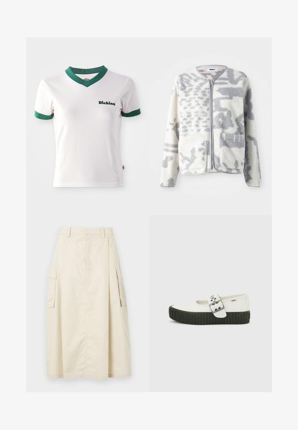 Veste en polaire crème et gris avec fermeture éclair, deux poches avant et une surface douce et texturée arborant un subtil motif abstrait.; T-shirt blanc à manches courtes avec un col en V vert et des bordures de manches vertes ; présente le logo "Dickies" en vert foncé sur le côté gauche de la poitrine. Texture de coton lisse.; Jupe beige, longueur genou, en coton. Présente deux poches cargo sur les côtés et un pli à l'avant, avec une taille et une fermeture éclair cachée.; Chaussure Mary Jane blanche Vans avec semelle épaisse noire côtelée et large bride à boucle argentée sur fond gris uni.