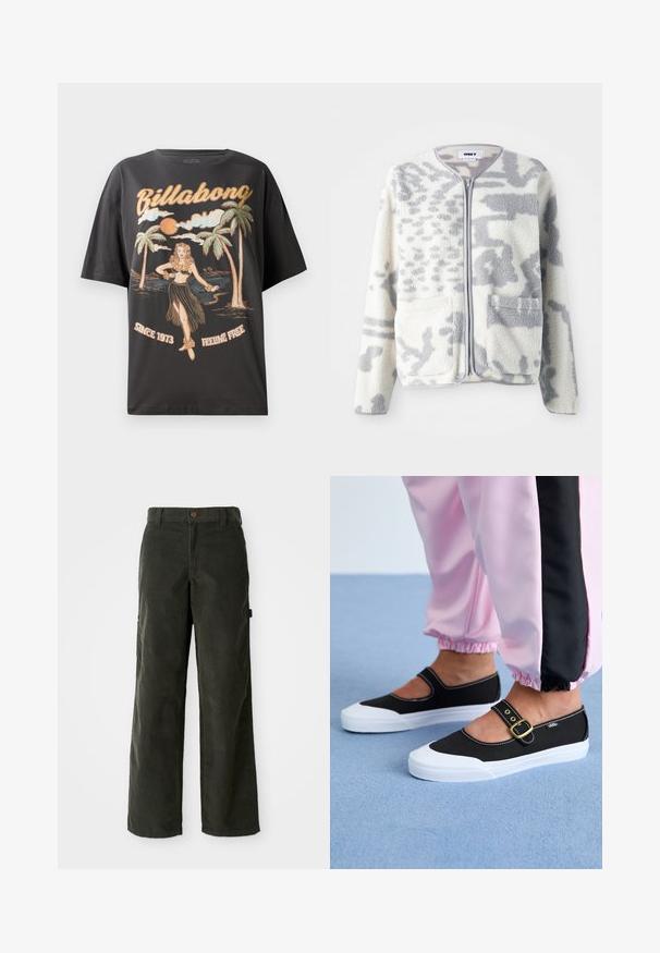 Fleecejakke i crème og grå med lynlås, to forlommer og en blød, struktureret overflade med et subtilt abstrakt mønster.; Sort bomulds t-shirt med et farverigt grafik af en hula danser, palmetræer og teksten "Billabong" i fed skrift.; Mørkegrønne kordfløjspants med løs pasform, lige ben, forlommer og knaplukning. Tekstureret stof med lodrette ribber.; Sorte lærredssko med en hvid sål, der har et udskæringsdesign og et guldspænde. Bæret med lyserøde træningsbukser.