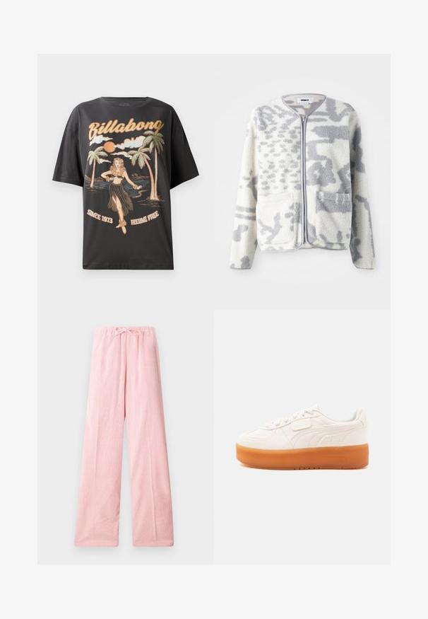 Fleecejacke in Creme und Grau mit einem Reißverschluss, zwei Vorderseiten Taschen und einer weichen, strukturierten Oberfläche mit einem dezenten abstrakten Muster.; Schwarzes Baumwoll-T-Shirt mit einem farbenfrohen Grafikmotiv eines Hula-Tänzers, Palmen und dem Schriftzug "Billabong" in fetten Buchstaben.; Helle rosa weit geschnittene Hose aus weichem Material, mit einem elastischen Bund und einer Kordelzug für eine anpassbare Passform und feiner Textur.; Weißer Sneaker mit niedrigem Schaft, Schnür- und Klettverschluss, mit dicker hellbrauner Sohle und dezenten seitlichen Nähten.