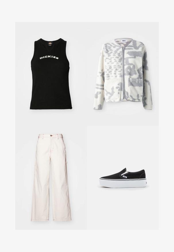 Fleecejacke in Creme und Grau mit einem Reißverschluss, zwei Vorderseiten Taschen und einer weichen, strukturierten Oberfläche mit einem dezenten abstrakten Muster.; Schwarzes ärmelloses Tanktop mit gerippter Textur, mit einem weißen, geschwungenen "DICKIES"-Logo auf der Brust und einem V-Ausschnitt.; Weite weiße Denim-Hosen mit roter Naht, hohen Taillenbund, vorderem Knopfverschluss und seitlichen Taschen. Strukturiertes Baumwollgewebe.; Schwarze Canvas-Slipper mit weißer Gummisohle, ausgestattet mit elastischen seitlichen Akzenten und kontrastierenden Nähten. Markenlogo auf der Seite sichtbar.