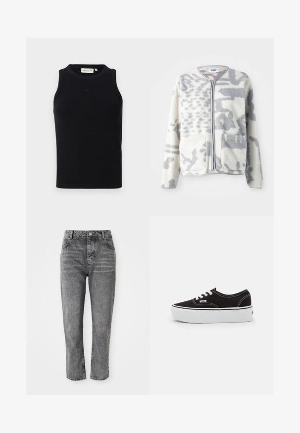 Veste en polaire crème et gris avec fermeture éclair, deux poches avant et une surface douce et texturée arborant un subtil motif abstrait.; Débardeur noir sans manches en tissu côtelé, avec un col rond et un petit logo à l'avant. Design simple et ajusté.; Jeans en denim gris à taille haute, coupe droite, avec des poches avant et un petit détail de bouton en métal à la ceinture.; Baskets en toile noires avec une semelle en caoutchouc blanc, dotées de lacets et de coutures blanches, marquage emblématique sur le côté, design basse.