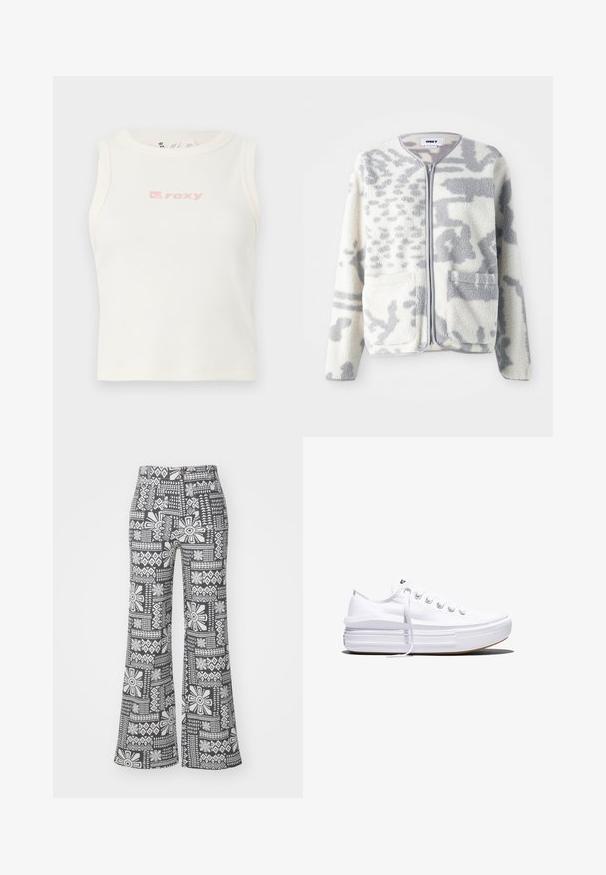 Veste en polaire crème et gris avec fermeture éclair, deux poches avant et une surface douce et texturée arborant un subtil motif abstrait.; Débardeur blanc côtelé avec un col rond et un petit logo "Roxy" rose sur la poitrine. Texture lisse, design ajusté, sans manches.; Pantalons évasés noir et blanc avec un motif floral géométrique. Fabriqués dans un tissu léger avec une texture douce.; Baskets basses blanches en toile avec semelle plateforme épaisse, lacets sur le devant et embout en caoutchouc texturé, vues de profil.