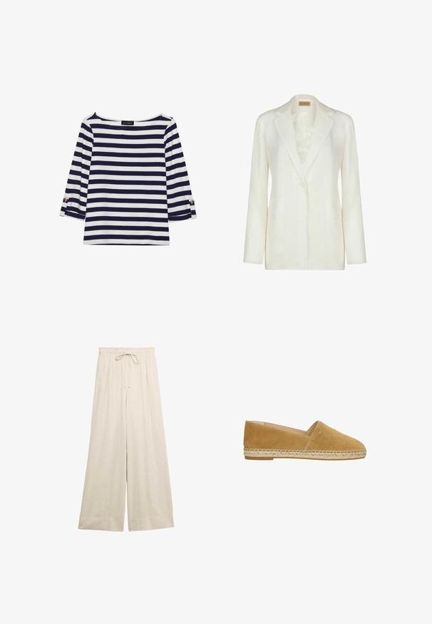 Blazer en lin blanc à manches longues, col cranté, fermeture à un bouton, deux poches avant, et une doublure intérieure subtilement imprimée.; Haut rayé bleu marine et blanc à manches longues avec un col bateau et des accents de boutons dorés sur les manches retroussées. Tissu doux, coupe décontractée.; Pantalon large en lin beige avec taille élastique et cordon de serrage, conçu pour une coupe ample et confortable.; Espadrille en suède brun avec un bout arrondi, semelle intermédiaire en jute tressé et détails de couture minimalistes sur la tige. La semelle est plate et naturelle.
