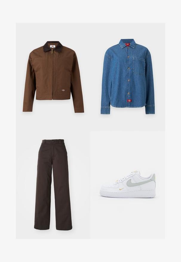 Bruin werkjack met ritssluiting, donkerbruine kraag, borstzakken en een klein Dickies-logo op de lagere voorkant.; Blauw denim overhemd met lange mouwen, knopen aan de voorkant, een borstzak aan de linkerkant en een rood logolabel aan de onderzoom.; Bruine wijde broek met knoopsluiting en riemlussen, gemaakt van duurzame stof, met een gladde textuur en strakke lijnen.; Nike Sportswear AIR FORCE 1 07 ESS - Sneakers laag - white/silver