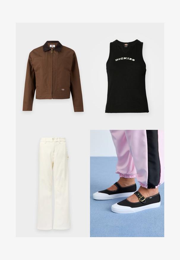 Bruin werkjack met ritssluiting, donkerbruine kraag, borstzakken en een klein Dickies-logo op de lagere voorkant.; Zwarte mouwloze tanktop met een geribbelde structuur, voorzien van een witte gebogen "DICKIES"-logo op de borst en een V-hals ontwerp.; Good American GOOD 90S CARPENTER - Wide leg - white denim; Zwarte canvas schoenen met een witte zool, met een uitgesneden ontwerp en een gouden gespband. Draagt met roze joggingsbroek.