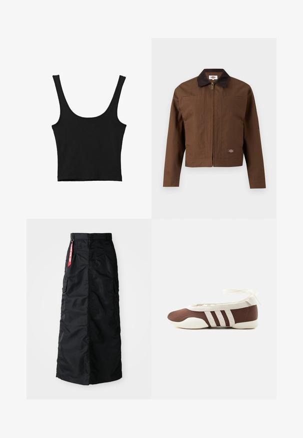 Veste de travail marron à fermeture éclair avec col marron foncé, poches poitrine et petite écusson avec le logo Dickies sur le bas devant.; Débardeur noir court avec de larges bretelles, fabriqué à partir d'un matériau doux, présentant une texture lisse et un design minimaliste.; Jupe longue noire avec bouton et fermeture éclair à l'avant, poches cargo latérales et une étiquette en tissu rouge "Remove Before Flight" sur la taille.; Chaussure plate de ballet marron et blanche avec trois bandes blanches et un nœud à nouer à la cheville sur un fond clair uni.