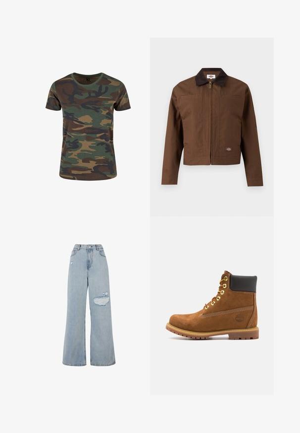 Hnedá pracovná bunda na zips s tmavohnedým golierom, náprsnými vreckami a malou nášivkou s logom Dickies na spodnej prednej časti.; Maskáčové tričko v zelenej, hnedej a čiernej farbe. Krátke rukávy, okrúhly výstrih, jemná textúra a klasický strih s vzorom organických tvarov.; Svetlo umyté džíny s širokými nohavicami, vysokým pásom, poškodenými časťami a hrubým lemom. Mäkkučká textúra a voľný strih.; Hnedé semišové členkové topánky s čiernym vycpaným golierom, zlatými očkami, šnurovaním vpredu a gumovou podrážkou s textúrovaným vzorom.