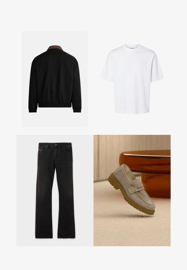 Sort bomberjakke med en brun corduroy-krave, elastiske manchetter og talje, samt en glat, udekoreret tekstur.; Enkelt hvid t-shirt med korte ærmer og rund hals med afslappet pasform, vist på en ensfarvet baggrund.; Sorte denim jeans med lige ben, fem lommer og knappelukning, der viser let falming på lårene og knæene.; Lysegrå ruskind loafers med chunky brun gummisål placeret på beige tæppe foran et sløret brunt rundt bord.