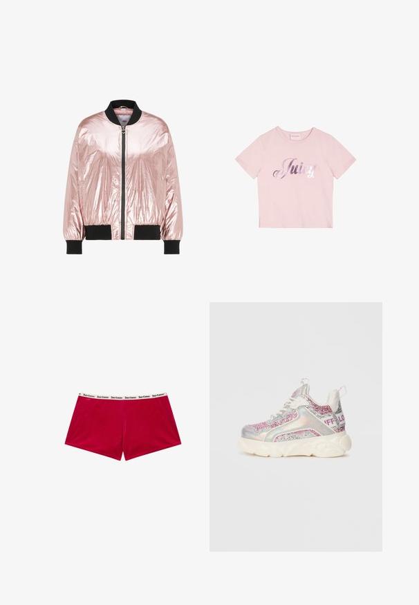 Glanzende metallic roze bomberjack met zwarte kraag, manchetten en tailleband, met een rits aan de voorkant met een hartvormige trekker.; Roze t-shirt met korte mouwen, gemaakt van katoen, met een metalen zilveren tekst "Juicy" op de voorkant. Eenvoudig ontwerp met ronde hals.; Rode geribde stoffen shorts met een zwart-wit Juicy Couture band. Het ontwerp is casual en heeft een recht gesneden vorm.; Chunky sneaker met witte zool, holografische panelen, roze en zilveren glinsteraccenten, witte veters en "BUFFALO" tekst op de hielband.
