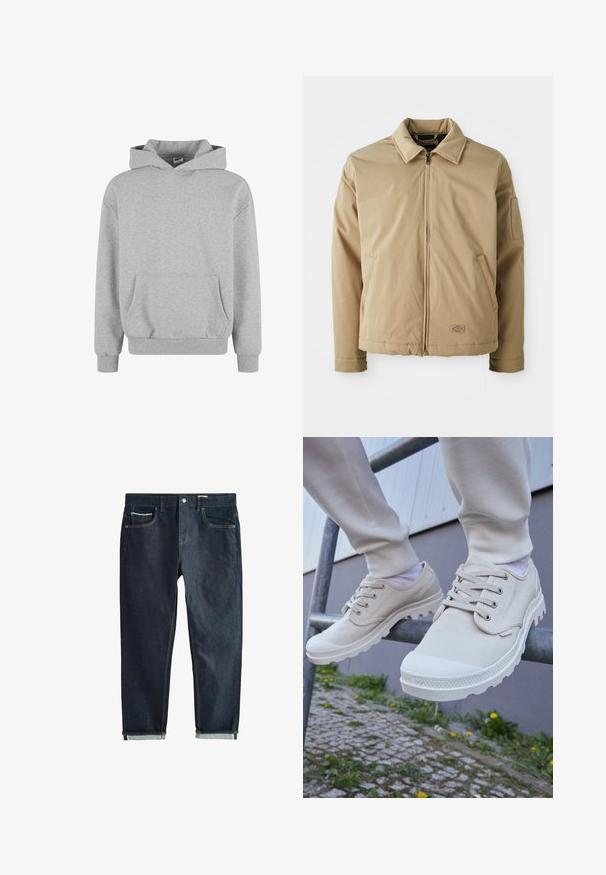 Beige zip-up jakke med spids krave, to forlommer og lille logo patch nær kanten, vist på en hvid baggrund.; Grå sweatshirt med hætte, lange ærmer og frontlomme. Fremstillet af blødt stof med ribbede manchetter og kant. Minimalistisk design og alsidig stil.; Mørk denimjeans med lige ben, der har knaplukning, to forlommer og opkørte manchetter. Glat tekstur, minimal syning.; Beige lærredssko med strukturerede gummisåler, der har runde snørebånd, forstærket tå og en slank silhuet. Placeret på et metalgelænder.