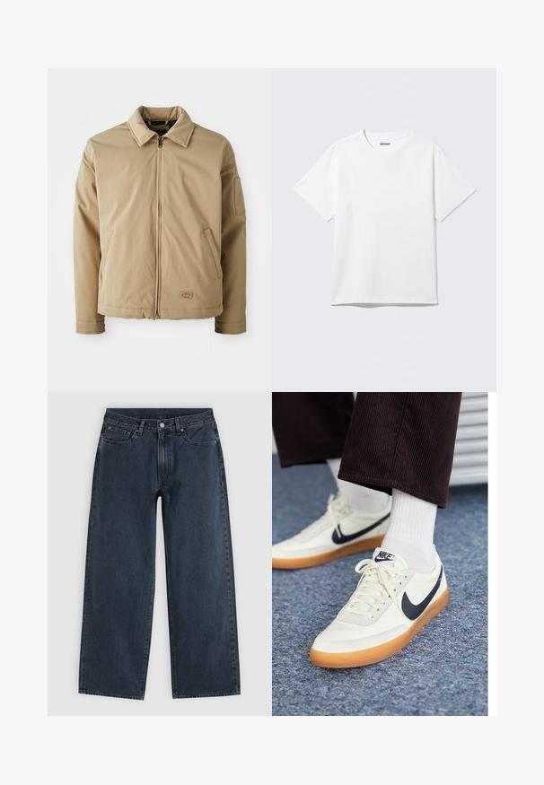 Beige zip-up jakke med spids krave, to forlommer og lille logo patch nær kanten, vist på en hvid baggrund.; Hvid kortærmet crewneck T-shirt lagt fladt ud, ensfarvet design, med "WEEKDAY" mærkat inde i kraven på en lys baggrund.; Mørkeblå jeans med vidde i benene, fem lommer, bæltestropper, knaplukning og lynlås, lagt fladt på en lys baggrund.; Nike sneakers i hvid læder med en marineblå swoosh, med en gummisål og hvide snørebånd, parret med hvide ankelstrømper og mørke fløjlspants.