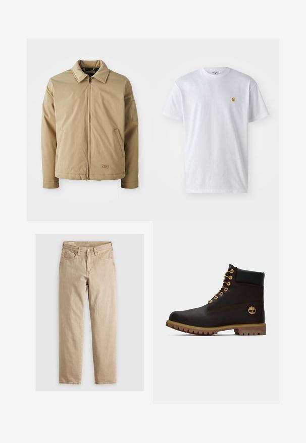 Chaqueta beige con cremallera y cuello puntiagudo, dos bolsillos frontales y un pequeño parche del logo cerca del dobladillo, presentada sobre un fondo blanco.; Camiseta de algodón blanca con mangas cortas, cuello redondo, que presenta un pequeño logo dorado en la parte izquierda del pecho. Textura suave y corte regular.; Jeans de mezclilla beige con corte recto, que cuentan con cinco bolsillos, cierre frontal con botón y detalles de costura sutiles. Textura suave, diseño informal.; Bota de cuero negro de tobillo con ojales dorados, acentos marrones y suela de goma. Presenta un cuello acolchado y un logotipo en relieve en el costado.