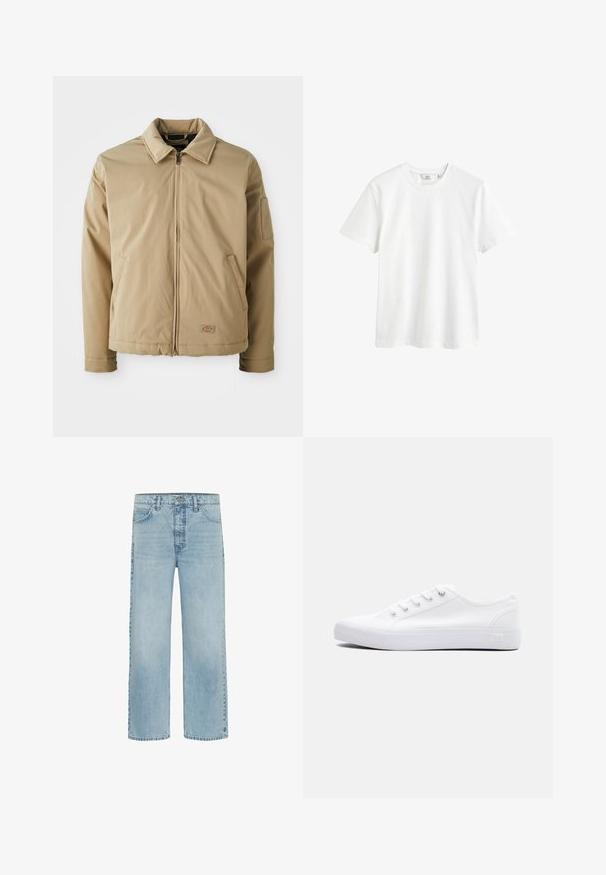 Beige zip-up jakke med spids krave, to forlommer og lille logo patch nær kanten, vist på en hvid baggrund.; Hvid bomulds t-shirt med rund hals, korte ærmer og en afslappet pasform. Glat tekstur uden synlige mønstre eller detaljer.; Lyseblå straight-leg denimjeans med forlommer og knaplukning, der viser subtil falming og minimal slid.; Lavtop hvid lærredsneaker med hvide snørebånd, gummisål og metaløjer, vist fra ydersiden på en ensfarvet baggrund.