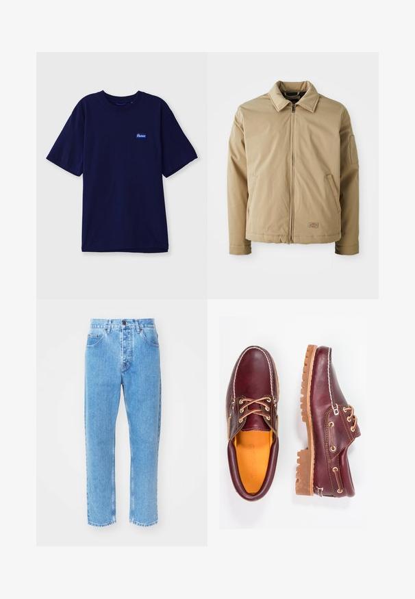 Beige zip-up jakke med spids krave, to forlommer og lille logo patch nær kanten, vist på en hvid baggrund.; Marineblå bomulds-t-shirt med rund hals, korte ærmer og et lille rektangulært mærke i blå og hvid på venstre bryst.; Lyseblå denimjeans har en lige ben-design, fem lommer og en klassisk knaplukning i taljen.; Bordeaux lædersko med brune gummisåler, rund tå, hvid syning og gyldne snøringer. Indersiden har et gult for.