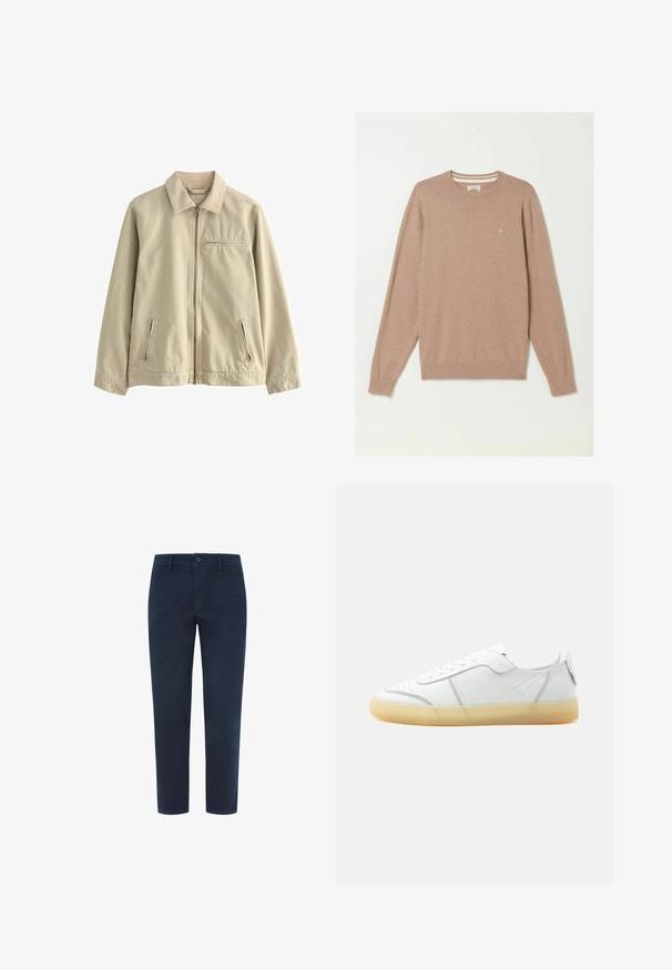 Veste en coton beige avec col, fermeture éclair à l'avant et deux poches latérales zippées. Dispose d'une petite poche zippée sur la poitrine. Texture lisse.; Pull beige à manches longues avec col rond, poignets et ourlet côtelés, petit logo brodé sur le côté gauche de la poitrine, fond uni.; Chinos en coton bleu marine avec fermeture à bouton, jambes droites et texture lisse. Dispose de poches latérales et d'une poche arrière.; Baskets basses en cuir blanc avec semelle beige translucide, lacets à l’avant et détails de couture minimalistes, vues de côté sur un fond uni.