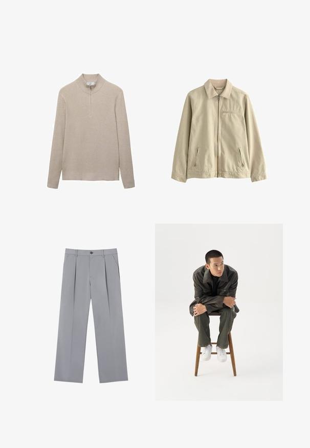 Beige bomuldsjakke med krave, frontlynlås og to sidelommer med lynlås. Har en lille brystlomme med lynlås. Glat tekstur.; Beige ribbet striktrøje med høj krave og lynlås i halv længde. Lange ærmer og en tætsiddende kantdesign fremhæver det strukturerede udseende.; Grå plisserede bukser med en afslappet pasform, lavet af et letvægtsstof. Har forlommer og en knaplukning i taljen.; Ung mand i mørk læderjakke og jeans sidder på en træskammel, læner sig fremad med armene krydset og kigger til siden mod hvid baggrund.