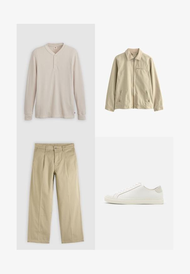 Beige bomuldsjakke med krave, frontlynlås og to sidelommer med lynlås. Har en lille brystlomme med lynlås. Glat tekstur.; Langærmet henley-skjorte i lys beige ribbet stof, med V-hals, tre-knap placket og manchetter ved ærmerne. Rød logo-tags ved kanten.; Beige bukser med lige ben, forreste læg, bæltestropper, sidelommer og knaplukning i taljen.; Hvide lædersneakers med en glat overflade, rund tå og minimalistisk design. Funktioner i beige nuancer på hælen og en gummisål.