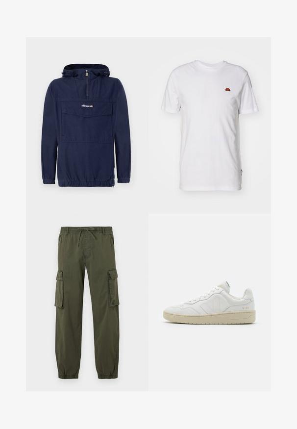 Navyblaues Pullover-Jacket aus leichtem Material, mit einem Viertel-Reißverschluss, verstellbare Kapuze und einer Fronttasche mit Klappe.; Schlichtes weißes kurzärmeliges T-Shirt mit kleinem rot-orangefarbenem Halbkreis-Logo im oberen linken Brustbereich.; Olivengrüne Cargo-Hosen aus leichtem Stoff. Elastischer Taillenbund mit Kordelzug, zwei Seitentaschen und zwei Cargotaschen an den Oberschenkeln.; Weiße Leder-Sneaker mit strukturierter Oberfläche und gepolstertem Kragen. Sie verfügen über eine beigen Gummisohle und dezente Markenkennzeichnung an der Ferse und an der Seite.
