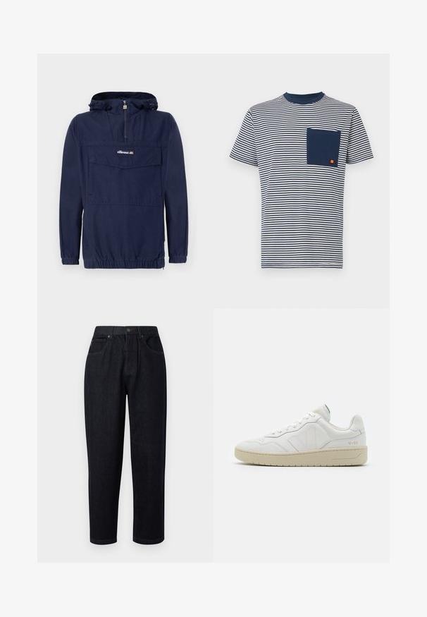 Chaqueta de pullover azul marino hecha de tela ligera, con media cremallera, capucha ajustable y un bolsillo frontal con solapa.; Ellesse HIRST TEE - Camiseta estampada - navy; Pantalones de mezclilla azul oscuro de corte relajado, con cierre de botón y cremallera, dos bolsillos frontales y detalles de costura.; Zapatillas blancas de cuero con un acabado texturizado y cuello acolchado. Cuentan con una suela de goma beige y un sutil logotipo en el talón y el lado.
