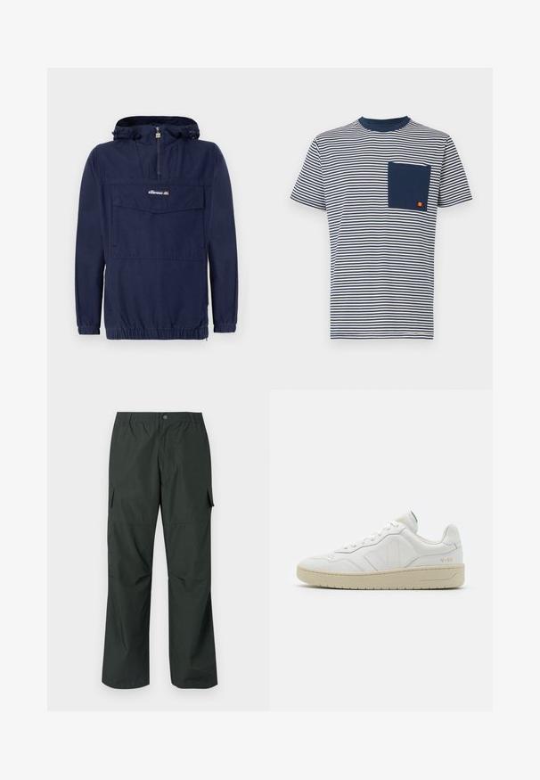 Marineblå pullover-jakke lavet af letvægtsstof, med en kvart lynlås, justerbar hætte og en frontlomme med klap.; Ellesse HIRST TEE - T-shirts print - navy; Mørkegrøn cargo bukser med en afslappet pasform, elastisk talje, sydde lommer og en glat, let stofstruktur.; Hvide lædersneakers med struktureret overflade og polstret krave. Har en beige gummisål og diskret branding på hælen og siden.