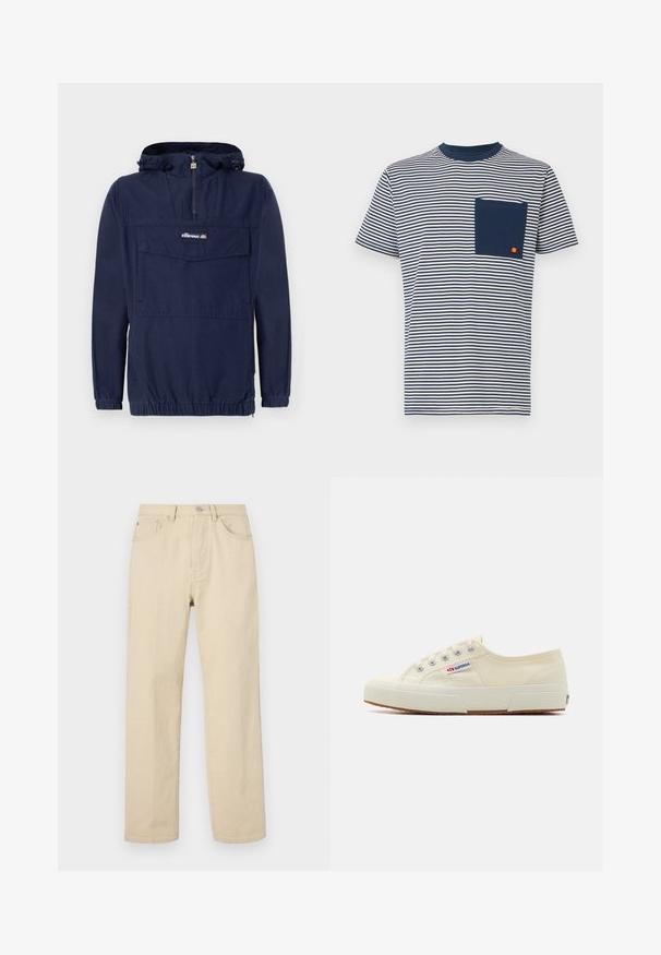Tumedat sinised kerged tõmblukkidega ülerõivad, millel on neljandik tõmblukk, reguleeritav kapuuts ja esiküljel klapiga tasku.; Ellesse HIRST TEE - Trükipildiga T-särk - navy; Beezist puuvillased sirged teksad nööbiga, viie taskuga ja diskreetse tikandiga. Sile tekstuur ja minimaalne detail.; Beež canvas-tossud madala profiiliga disainiga, metallist silmadega ja kummist tallaga. Omab tekstureeritud mustrit ja logo detaili küljel.