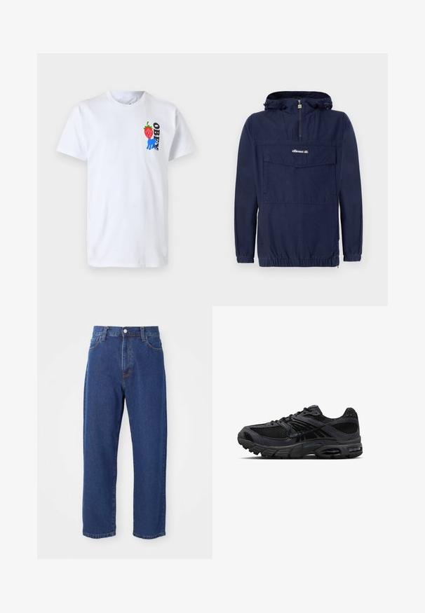 Navyblaues Pullover-Jacket aus leichtem Material, mit einem Viertel-Reißverschluss, verstellbare Kapuze und einer Fronttasche mit Klappe.; Weißes Baumwoll-T-Shirt mit einem roten Erdbeer-Graphic, einer blauen Handillustration und dem Wort "OBEY" in Schwarz auf der linken Brustseite.; Hoch taillierte blaue Jeans aus Denim, mit geradem Bein, sichtbaren Nähten und einem Frontknopfverschluss.; Schwarzer und dunkelgrauer Nike Laufschuh mit Mesh-Gewebe, Wildleder-Overlays, gepolsterter Sohle und sichtbaren Lufteinheiten in Ferse und Vorfuß.