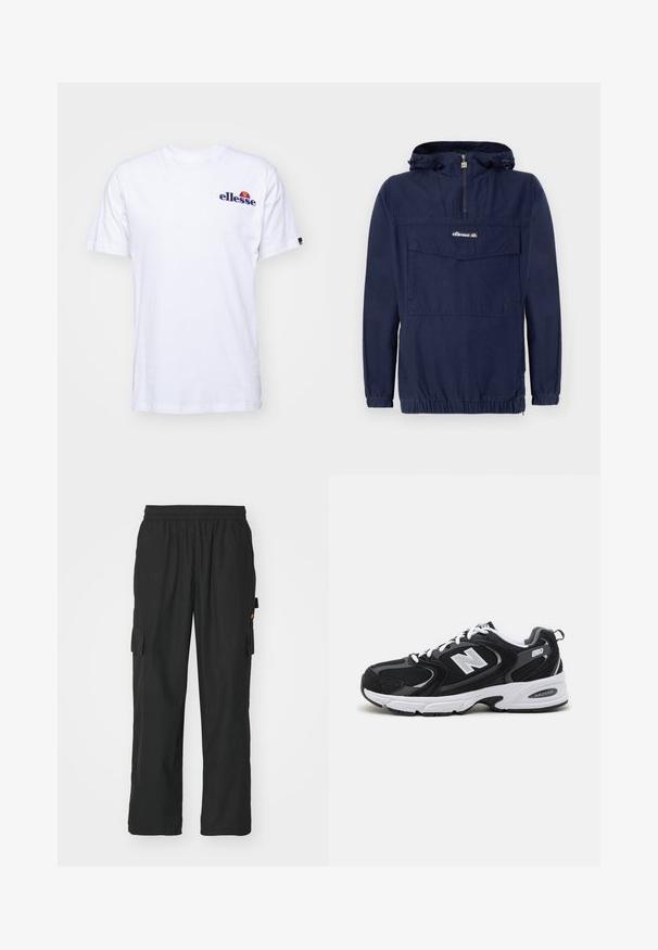Marineblauwe pullover jack gemaakt van lichtgewicht stof, met een kwart ritssluiting, verstelbare capuchon en een voorkeurszak met klep.; Witte katoenen T-shirt met korte mouwen, voorzien van een marineblauw geborduurd logo op de linkerborst en een levendige kleurenaccent boven het logo.; Zwarte cargobroek van lichtgewicht stof, met twee zijzakken, een elastische tailleband en een ontspannen pasvorm.; Zwarte en grijze sport schoenen met een bovenwerk van mesh en suede, voorzien van een witte tussenzool, veters en een gedurfde "N"-logo aan de zijkant.