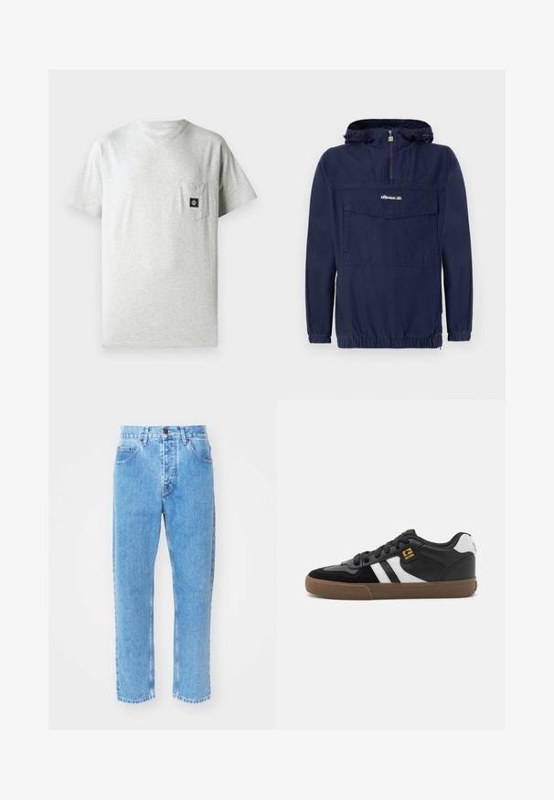 Navyblaues Pullover-Jacket aus leichtem Material, mit einem Viertel-Reißverschluss, verstellbare Kapuze und einer Fronttasche mit Klappe.; Herren T-Shirt aus grauer Baumwolle mit rundem Halsausschnitt, kurzen Ärmeln und einer kleinen Brusttasche auf der linken Seite, die mit einem kleinen schwarzen Logo-Patch verziert ist.; Hellblaue Denim-Jeans verfügen über ein gerades Bein-Design, fünf Taschen und einen klassischen Knopfverschluss am Bund.; Schwarz-weiße Sneakers mit einem Obermaterial aus Wildleder und Leder, ausgestattet mit weißen Streifen, schwarzen Schnürsenkeln und einer braunen Gummisohle. Mit goldenen Logo-Akzenten.