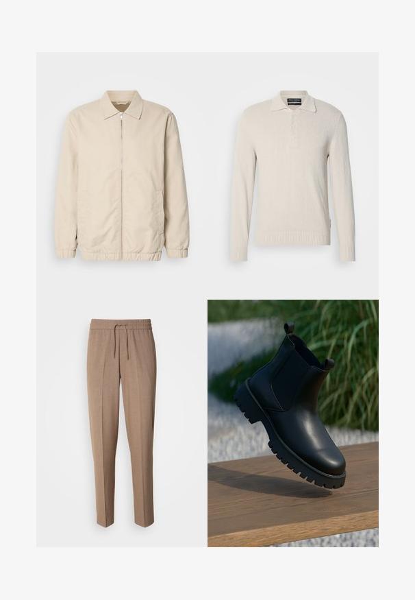 Beige lichtgewicht jack met een rits aan de voorkant, kraag, elastische manchetten en zijzakken. Gladde textuur, rechte snit en minimalistisch ontwerp.; Lichtbeige lange mouw polo trui in een zachte brei met een gestructureerd oppervlak, voorzien van een klassieke kraag en een drieknoopsluiting.; Bruine, geweven stoffen broek met een relaxte pasvorm, trekkoord taille en plooien aan de voorkant. Rechte pijpen en geen zichtbare zakken of hardware.; Zwarte leren enkellaarsjes met elastische zijpanelen, ronde neus en robuuste zool, tentoongesteld op een houten oppervlak.