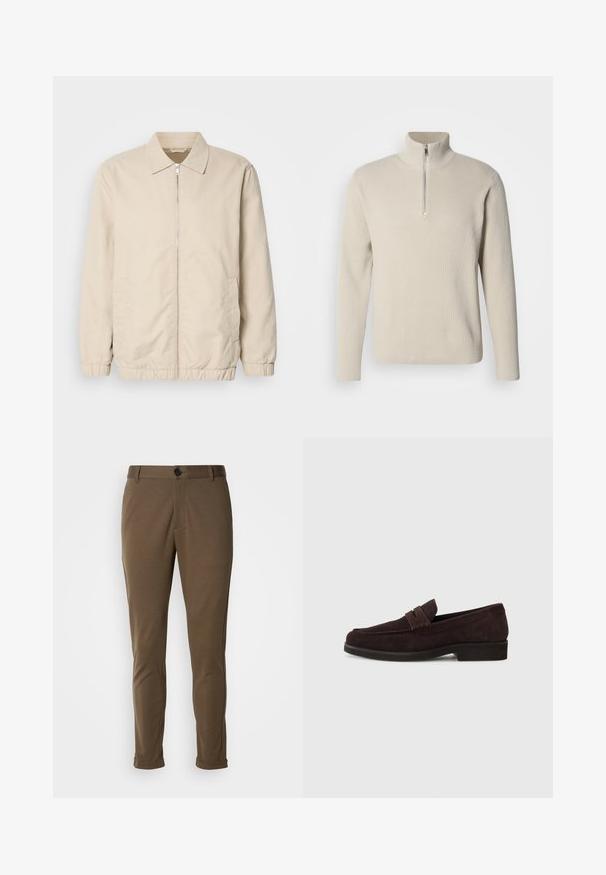 Beige letvægtsjakke med lynlås foran, krave, elastiske manchetter og sidelommer. Glat tekstur, lige snit og minimalistisk design.; Ribbet trøje i cremefarve med høj krave og halv lynlås. Fremstillet af tekstureret stof, med lange ærmer og en afslappet pasform.; Brune skræddersyede bukser med en glat tekstur, der har en knaplukning og rullede manchetter. Designet med en slim fit og funktionelle lommer.; Brune ruskinds loafers med lav profil og rund tå. Har en dekorativ rem over det øverste, flad gummisål og ingen synlig syning.