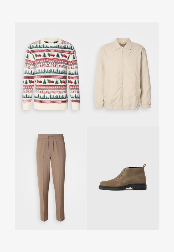 Beige letvægtsjakke med lynlås foran, krave, elastiske manchetter og sidelommer. Glat tekstur, lige snit og minimalistisk design.; Strikket sweater med en cremet base, røde og grønne mønstre af træer, lastbiler og snefnug, med ribkanter ved ærmerne og kanten.; Brune, vævede bukser med en afslappet pasform, snøre i taljen og frontfald. Lige ben og ingen synlige lommer eller metaldele.; Brune ruskinds ankelstøvle med en rund tå, fire øjer til snørebånd og en sort gummisål. Har en pull tab bagpå.