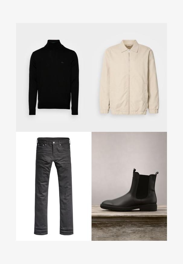 Beige letvægtsjakke med lynlås foran, krave, elastiske manchetter og sidelommer. Glat tekstur, lige snit og minimalistisk design.; Sort turtleneck sweater, ribbet tekstur, lange ærmer, tætsiddende design, diskret Lacoste-logo på brystet, materialet er af mellemvægtigt strik.; Sorte denim jeans med et klassisk lige ben-design. Har frontlommer, knaplukning og diskrete syninger.; Sort gummistøvle i Chelsea-stil med en glat overflade, elastiske sidepaneler og dragtags, der har en lav hæl og en robust sål.